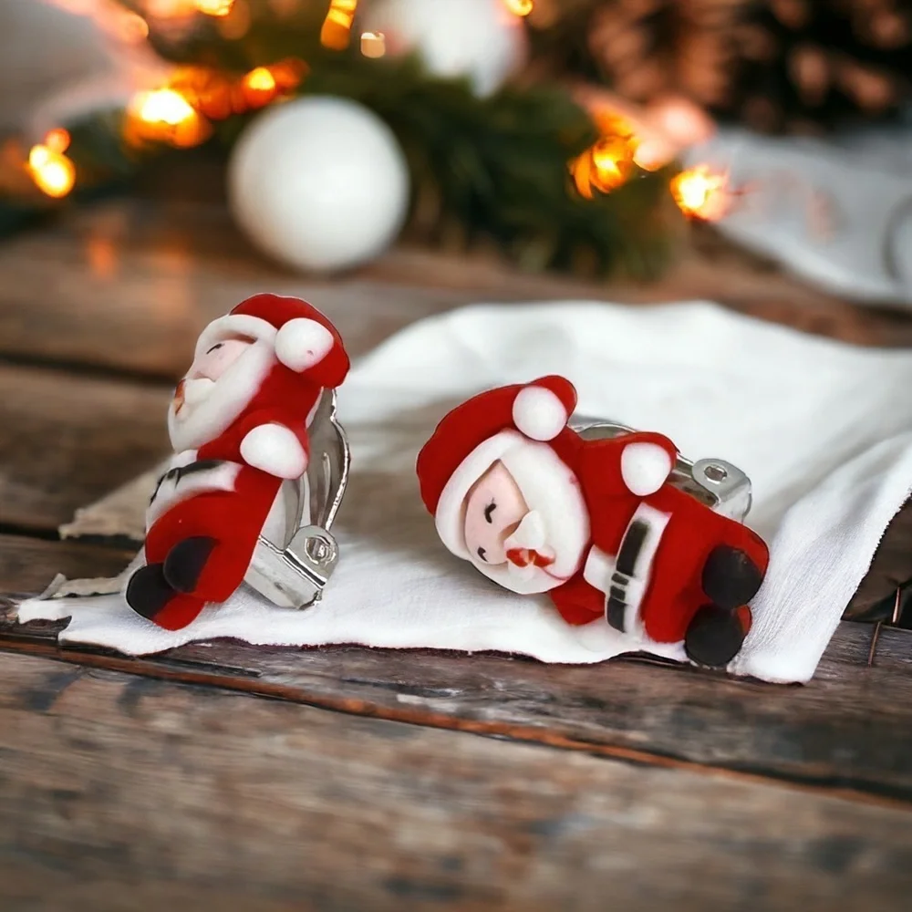 Set of 3 New Christmas Polymer Clay Clip-On Earrings - Santa, Reindeer, Snowman